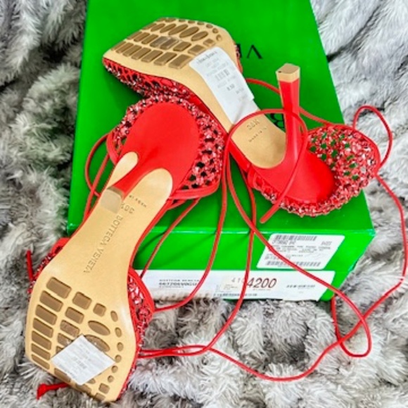 $2000 BOTTEGA VENETA STRETCH WEB CRYSTAL LACE UP SANDALS HEELS SHOES 38.5 - Picture 11 of 11